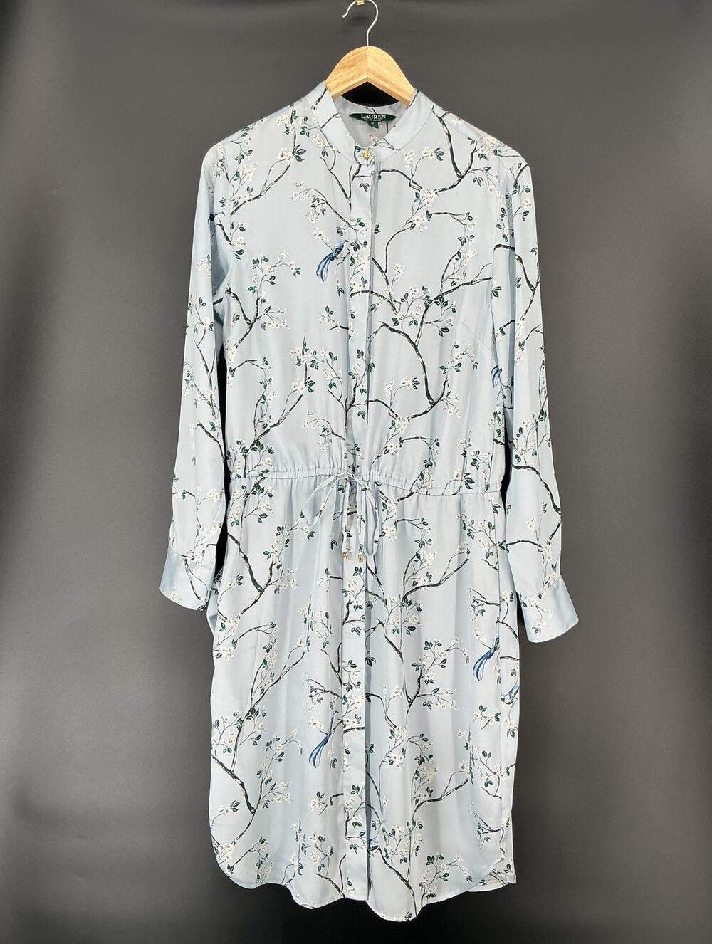 Lauren Ralph Lauren Shirt Dress 12 Blue Floral Bird Print Drawstring Midi